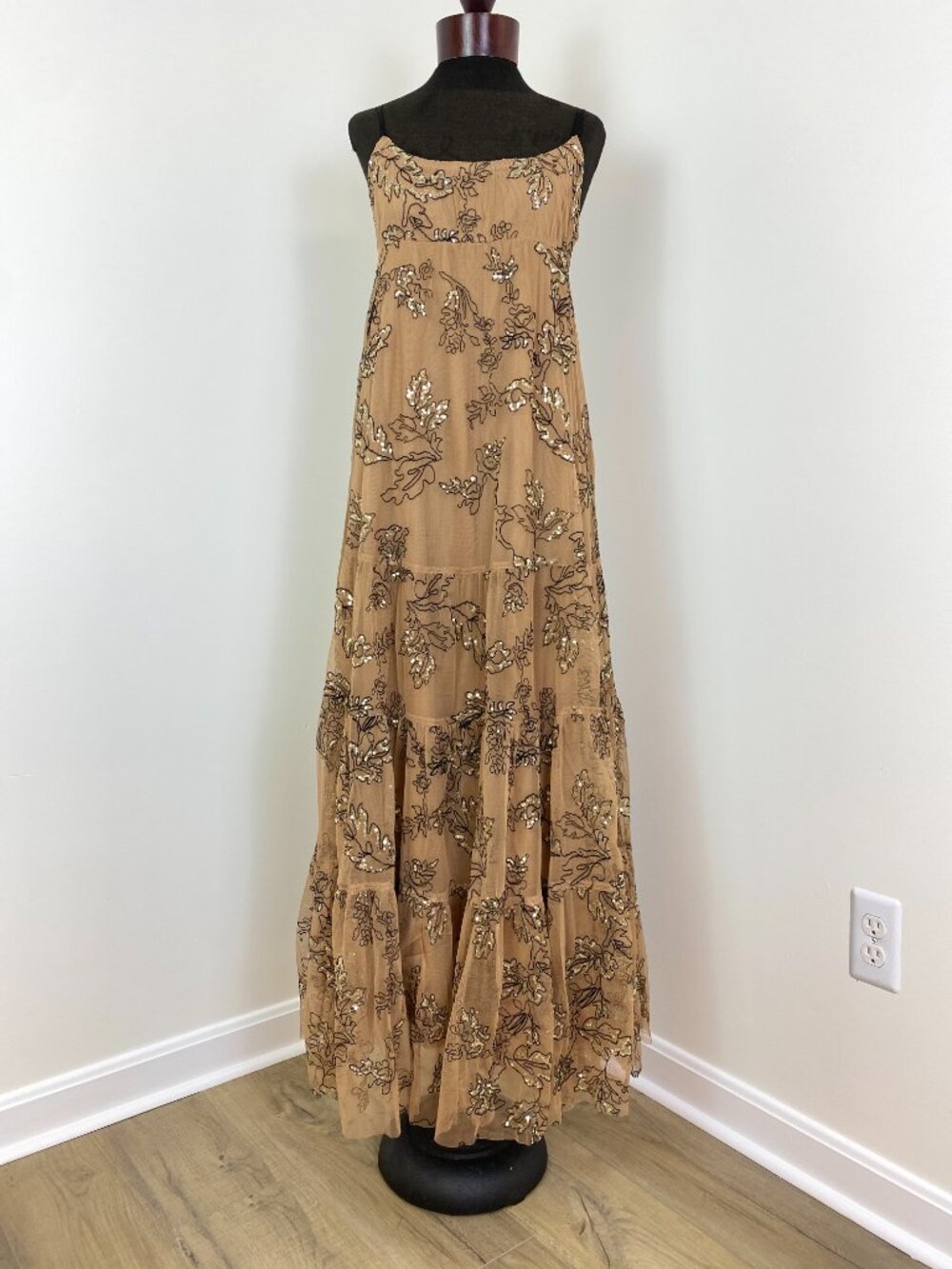 Anthropologie Maeve Sequined Tulle Midi Dress Tan Embroidered XS